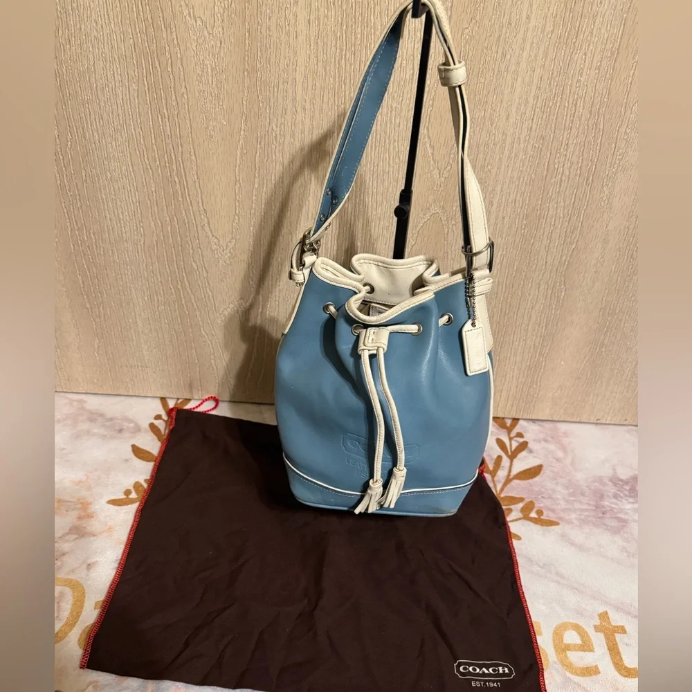 Vintage COACH Blue & White Leather Mini Bucket Drawstring Crossbody Shoulder Bag